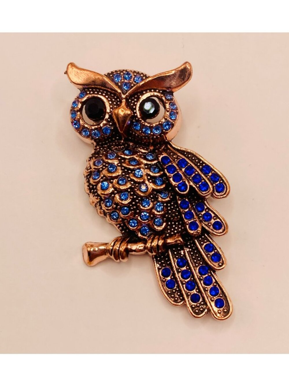 Rose Gold-Tone Owl Brooch Pin With Blue Rhinestones -25B